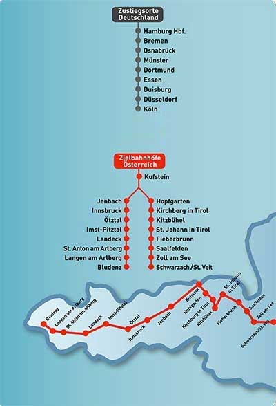 Abfahrts- und Zielbahnhfe Schnee Express